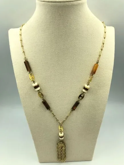 VINTAGE Gold Tone Tassel Beaded Pendant Retro Necklace, Disco Party Studio 54 - Picture 6 of 16